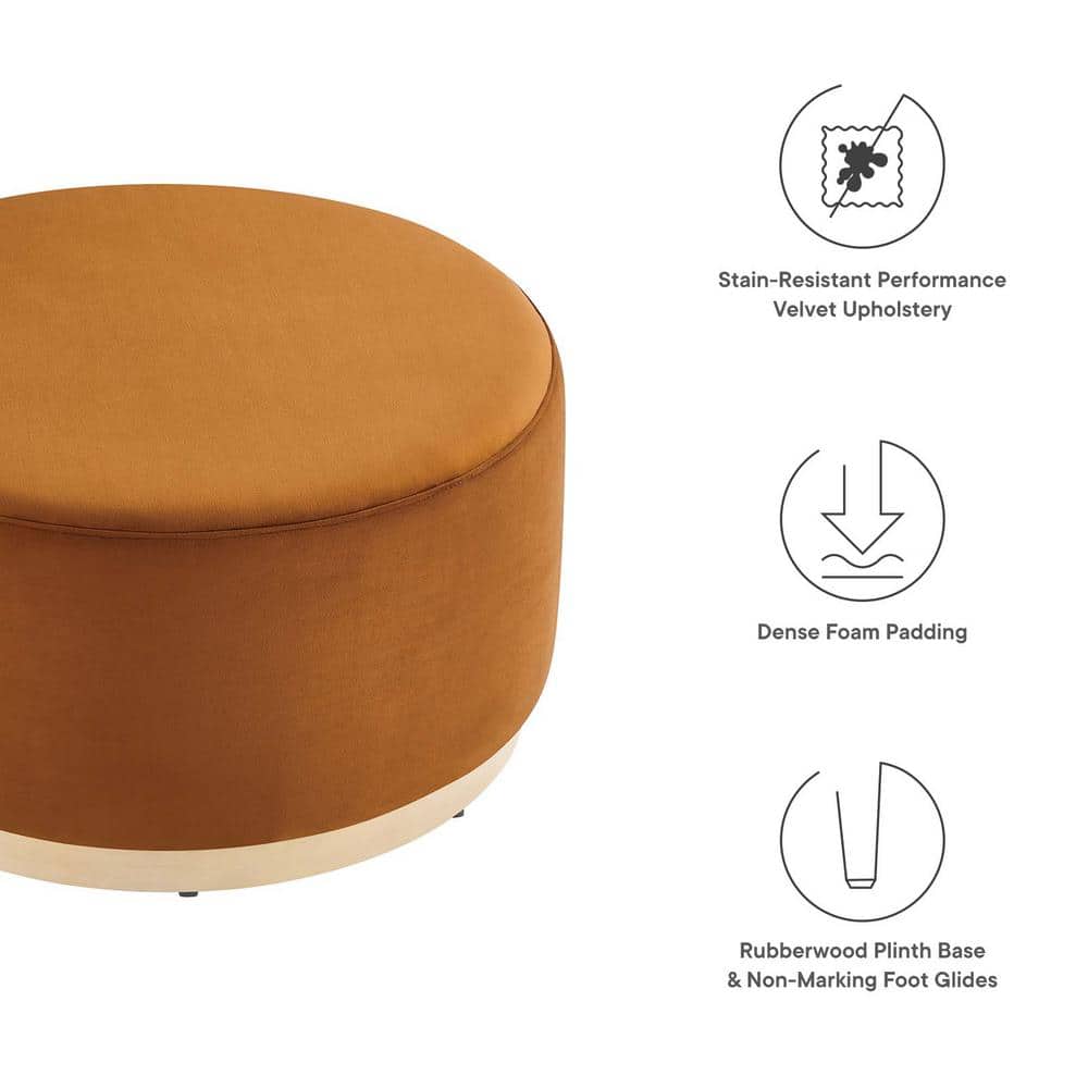 Tilden Large Round Rust Velvet Upholstered Ottoman with Rubberwood Base