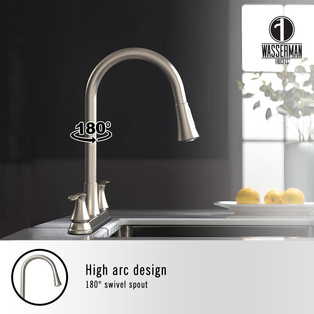 Nickel Double Handle Pull Down Kitchen Faucet with Spray