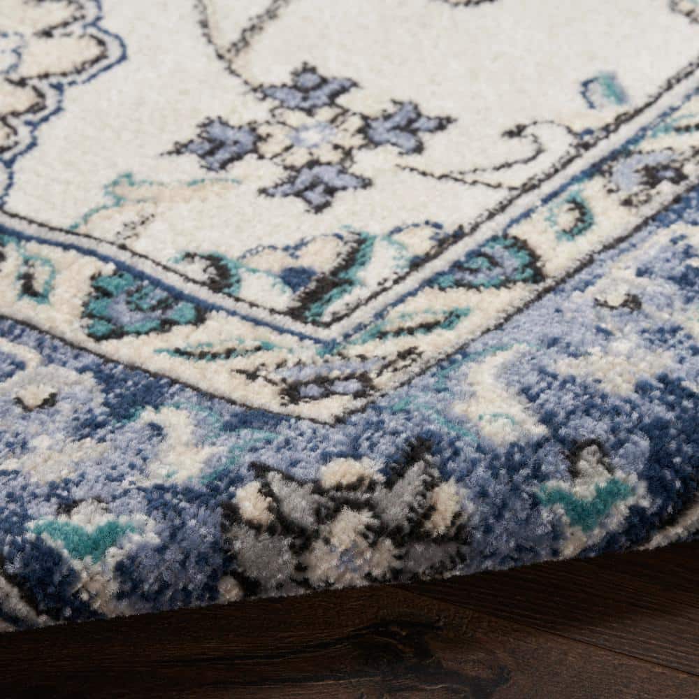 Ivory Blue Synthetic Runner Rug with Traditional Floral Pattern
