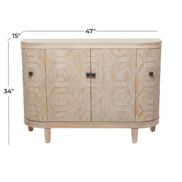 47 in. W Brown Wood Intricately Carved 3 Shelves and 4 Doors Geometric Cabinet