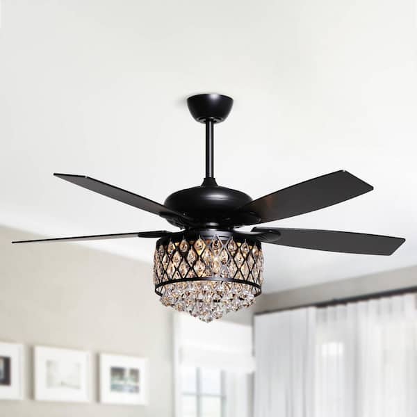 Industrial 52 in. Indoor Matte Black Chandelier Ceiling Fan with Crystal Light Kit and Remote Control