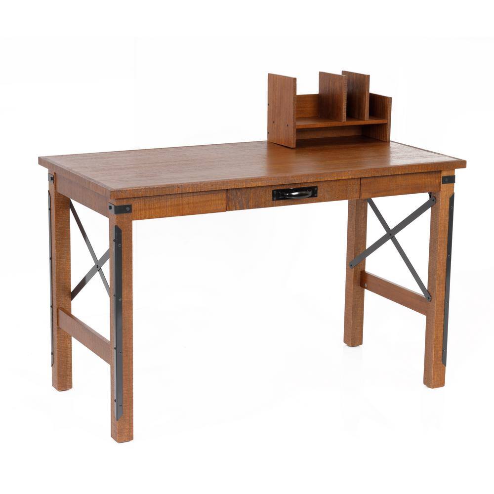 Brown Wood Industrial Desk with Hutch and USB Ports