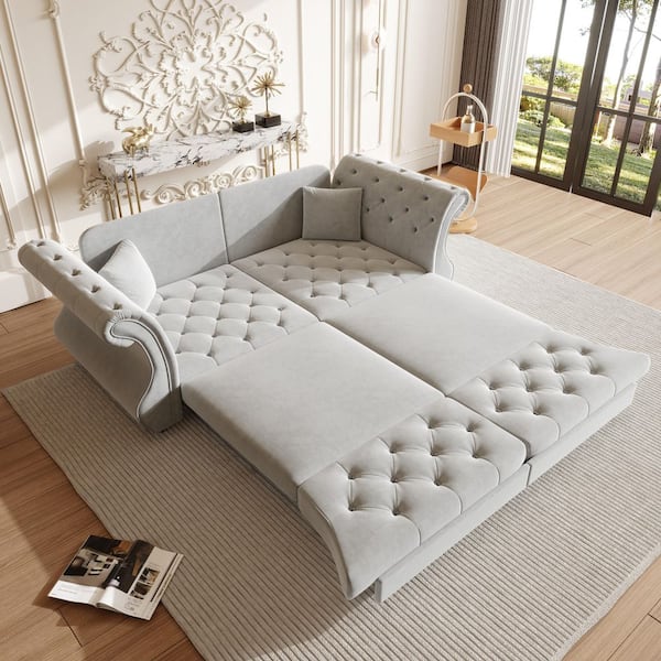 83.8 in. Light Grey Oversized Chesterfield Velvet Queen Size Sofa Bed, Pull Out Sleeper Couch with Roll Arms and Tufting