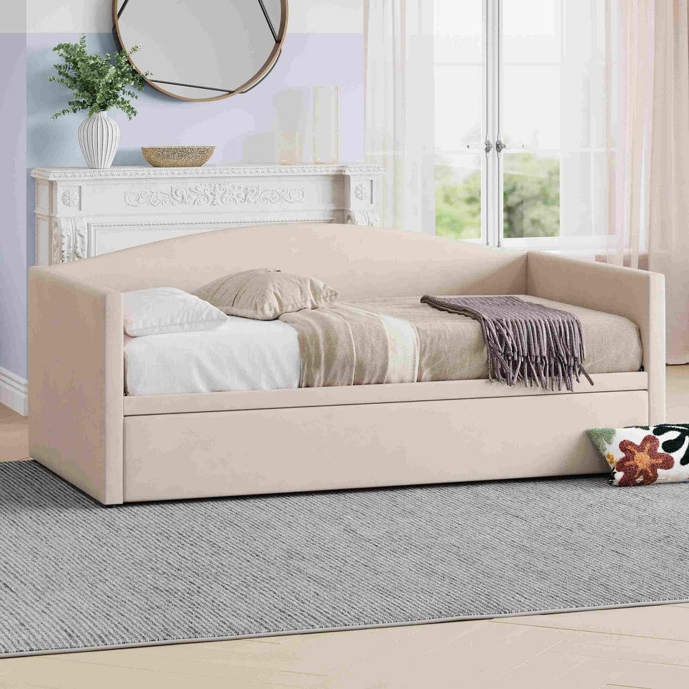 Beige Twin Size Daybed with Extended Pop Up Trundle