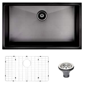 30 in. Undermount Single Bowl 18 Gauge Gunmetal Black Stainless Steel Kitchen Sink with Strainer Basket and Bottom Girds