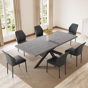 7-Piece Extendable Rectangle Dining Table Set Wooden Table with 6 Black Chairs