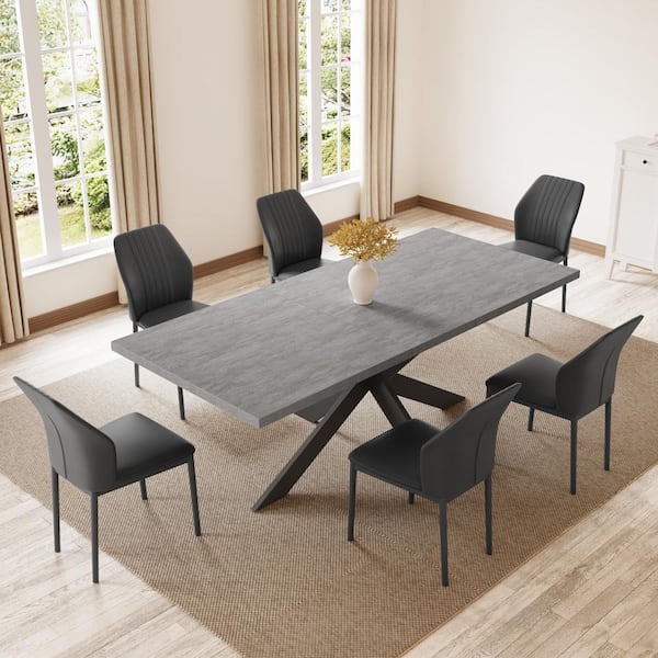 GOJANE 7-Piece Extendable Rectangle Dining Table Set Wooden Table with 6 Black Chairs