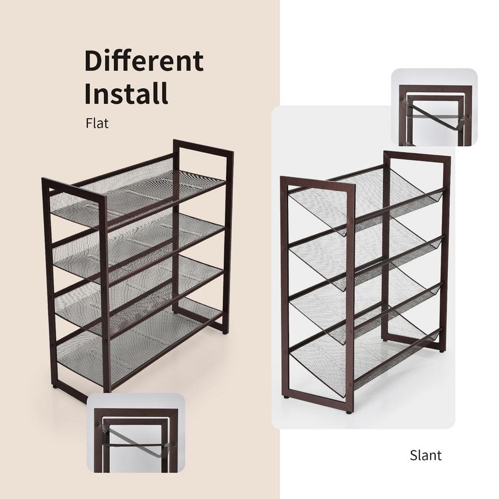 Brown 4-Tier Adjustable Metal Shoe Rack Organizer