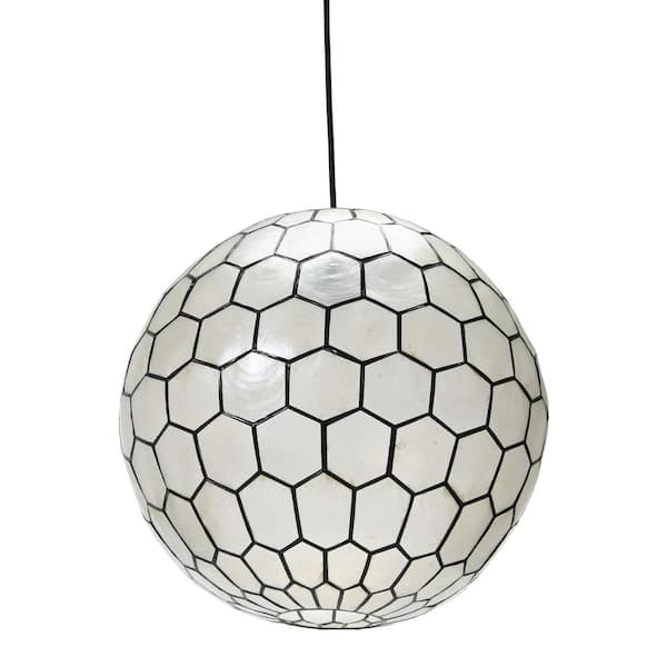 Storied Home Simone 60-Watt 1 Light Black Globe 16 in. Pendant Light with Capiz Shade