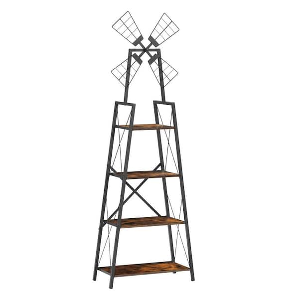 Angel Sar 66.9 in. Tall Brown and Black Wood 4-Shelf Narrow Etagere Bookcase with Metal Frame for Living Room and Bedroom