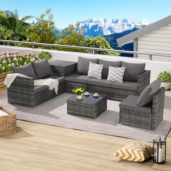 6-Piece Gray Wicker L-Shaped Outdoor Sectional Sofa Set with Dark Gray Cushions, corner table, 1 Glass Top Table