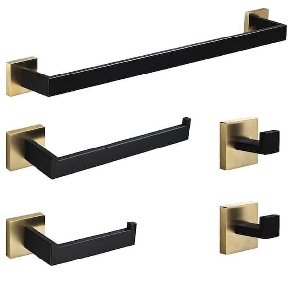 5-Piece Bath Hardware Set with Towel Bar Toilet Paper Holder Towel Hook in Black and Gold