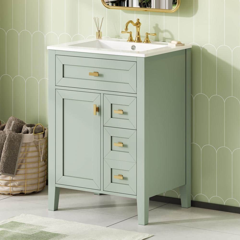 24 in.Single Sink Light Green Freestanding Bathroom Vanity,White Ceramic Top,Soft-Close Door,3 Drawers price history on PriceWatchPro