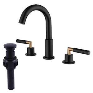 8 in. Widespread Double Handle Bathroom Faucet with Pop-Up Drain 3 Holes Modern Brass Sink Vanity Faucets in Matte Black