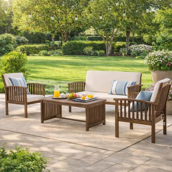 Sayan Light Gray 4-Piece Wood Outdoor Patio Conversation and Coffee Table Set with Loveseat and 2-Chairs