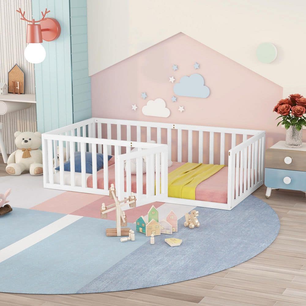 White Wood Frame Twin Platform Bed with Fence and Door