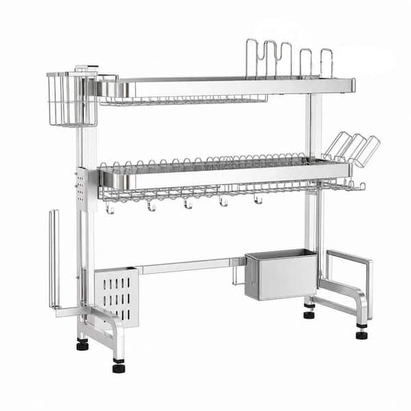 Over the Sink 3 Tier Adjustable Length Full Stainless Steel Large Storage Kitchen Dish Rack for Kitchen Counter, Silver