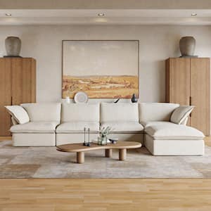 162.61 in. Flared Arm 5-Seater Linen L-Shaped Down-Filled Modular Free Combination Sofa with Ottoman in Beige