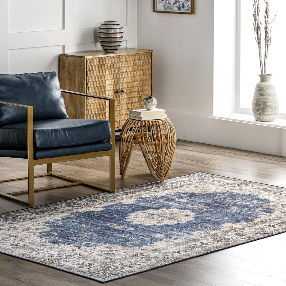 Ren Blue Vintage Floral Machine Washable Area Rug 5' x 8'