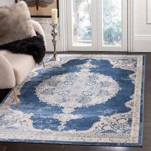 Brentwood Navy/Light Gray 9 ft. x 9 ft. Square Medallion Floral Distressed Area Rug