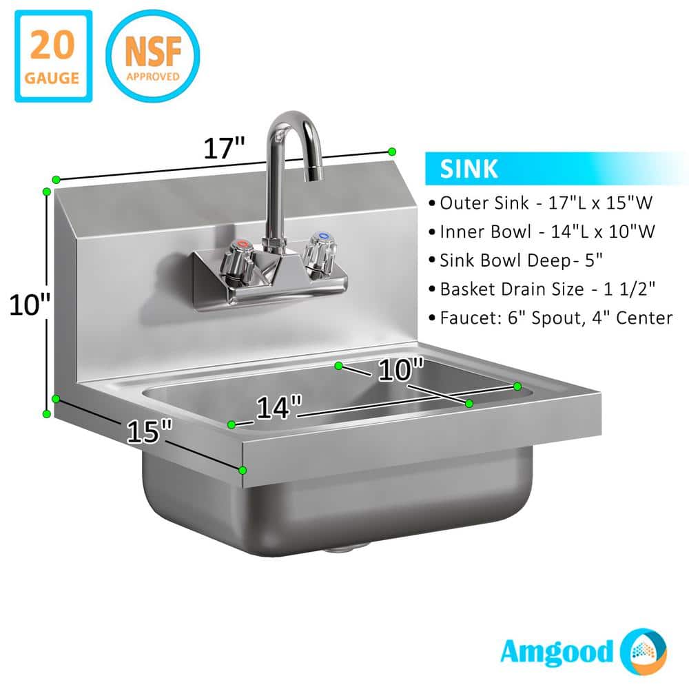 17" x 15" Stainless Steel Wall Mounted Hand Sink with Gooseneck Faucet
