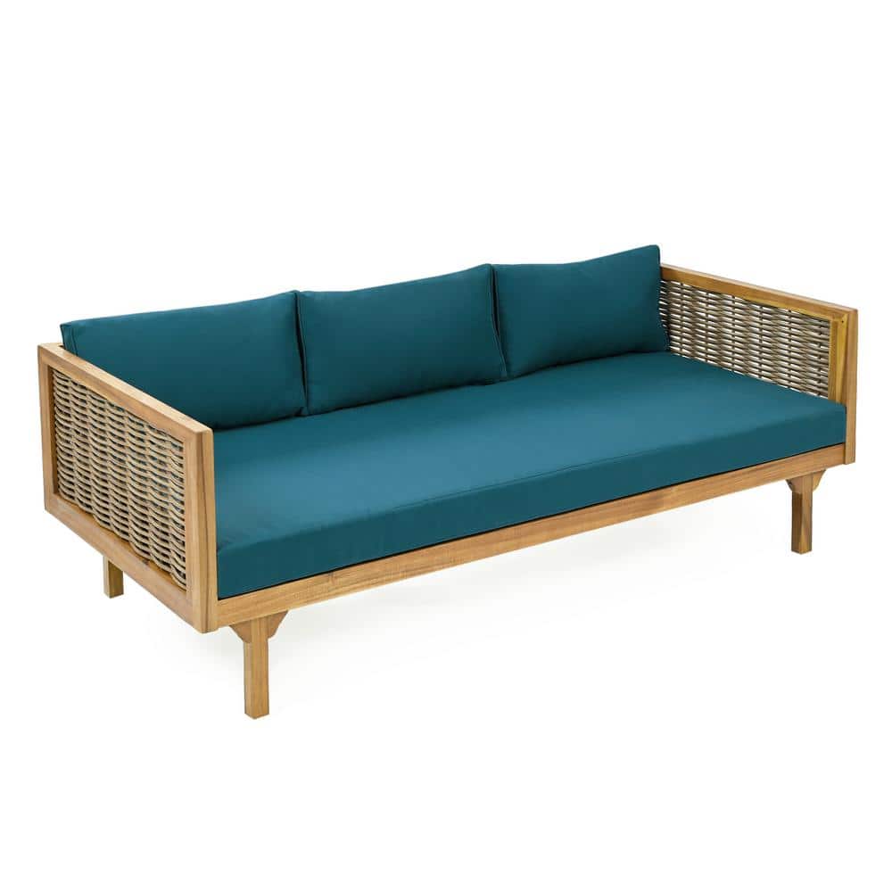 Wood Outdoor 3-Seater Teak Wood Day Bed, Chaise Lounge with Cushion Guard a