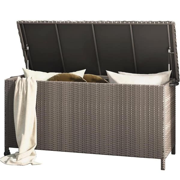 108 Gal. Wicker Deck Box with Wheels, Indoor Outdoor Storage Bin for Patio Cushions Garden Tools Pool Accessories, Gray