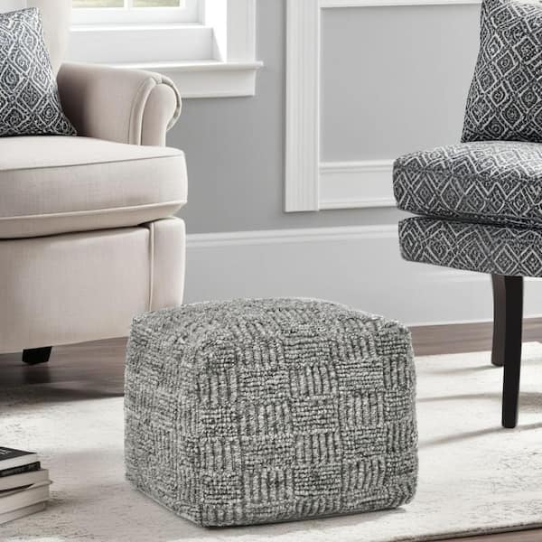Slick Gray Recycled Handwoven Fabric Outdoor Pouf Ottoman