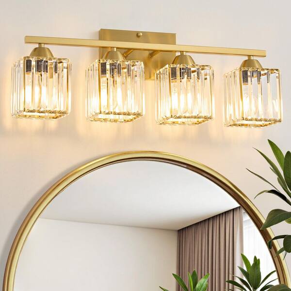 23.23 in. 4-Light Gold Vanity Light with Crystal Shades, Modern Luxury Bathroom Vanity Light