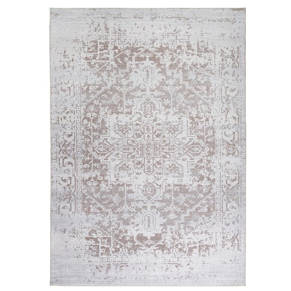 Himalayas Beige Creme 5 ft. 8 in. x 9 ft. Machine Washable Modern Floral Abstract Polyester Non-Slip Backing Area Rug