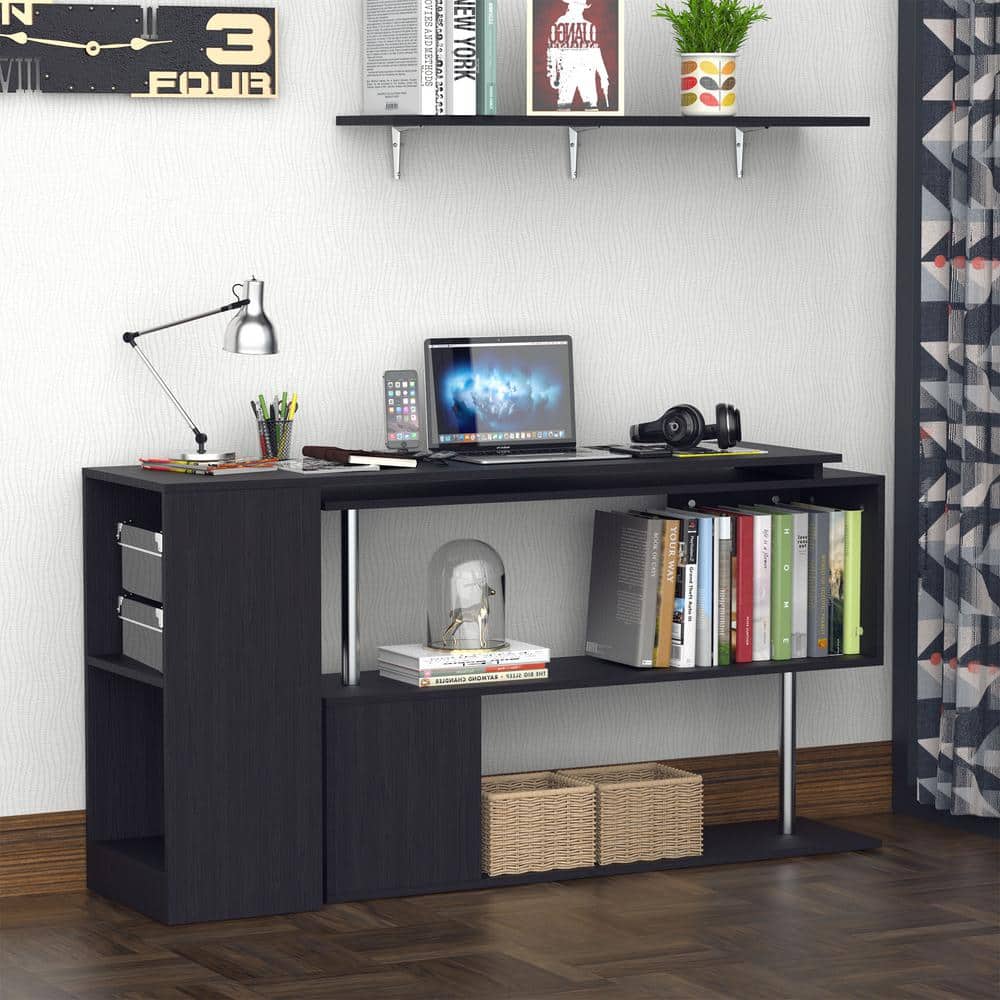 Black Engineered Wood Rotating L-Shaped Corner Writing Desk
