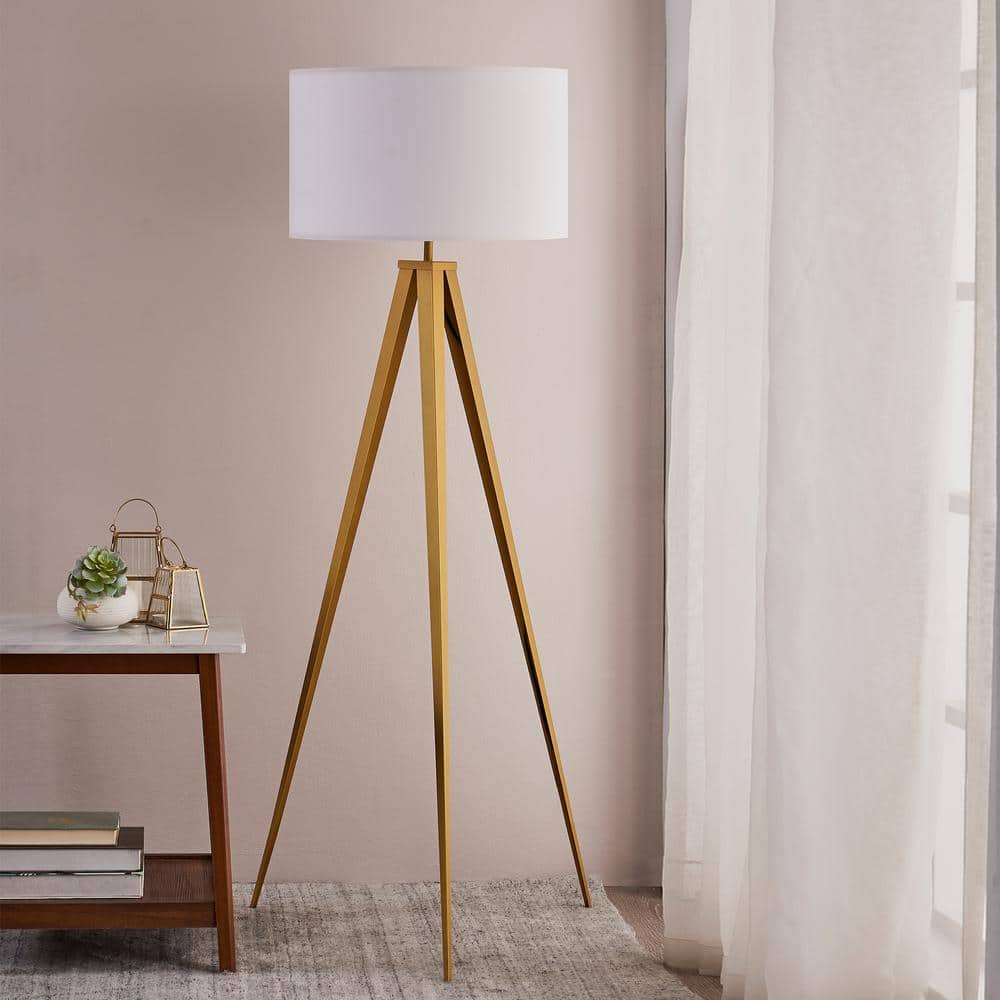 Modern Outdoor White Tripod Floor Lamp with Gold Accents