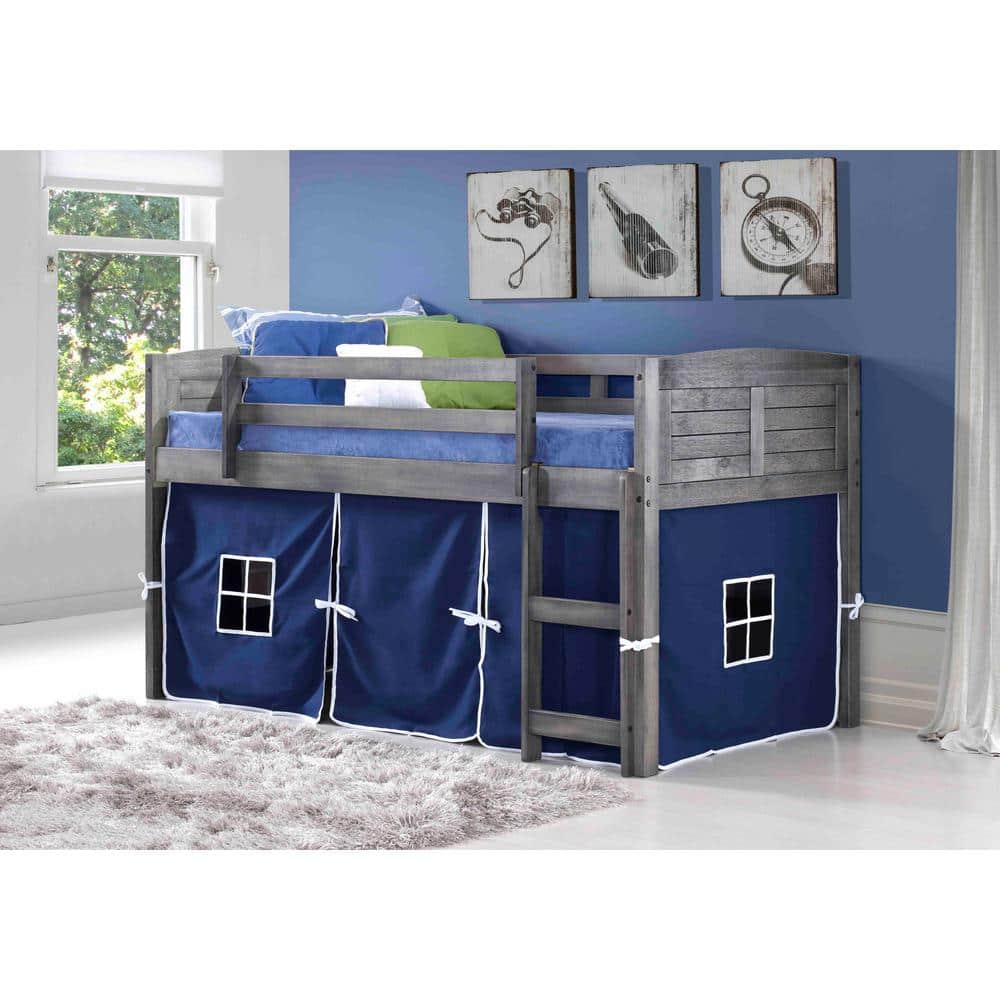 Antique Gray Pine Twin Loft Bed with Blue Tent