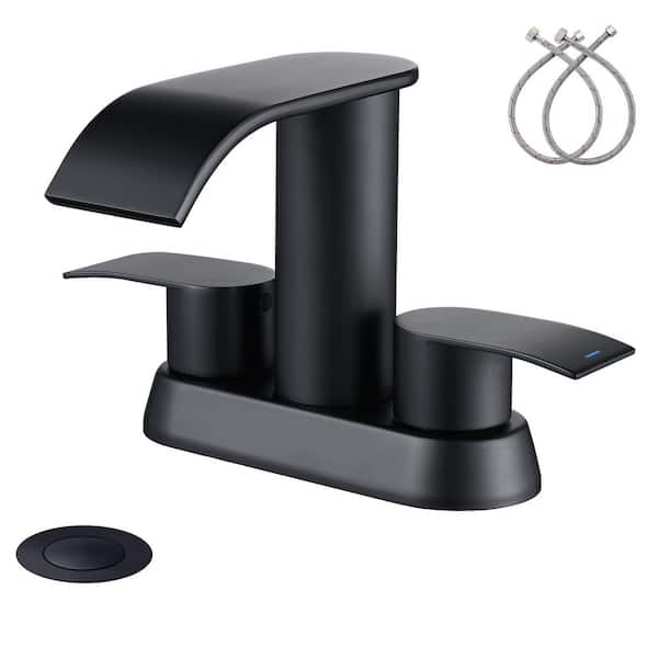 GAGALIFE 4 in. Centerset Double-Handle Waterfall Spout Bathroom Vessel Sink Faucet with Pop Up Drain Kit in Matte Black