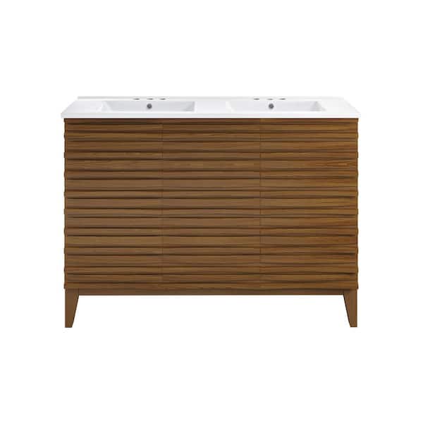 Swiss Madison Cascade 48 in. W Brown Oak, Double Basin Bathroom Vanity in White with 3-Hole Ceramic Sink Top
