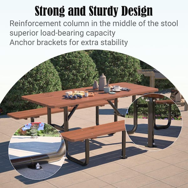 Thanaddo 72 in. Brown Rectangle Steel Frame Picnic Table Set Seats