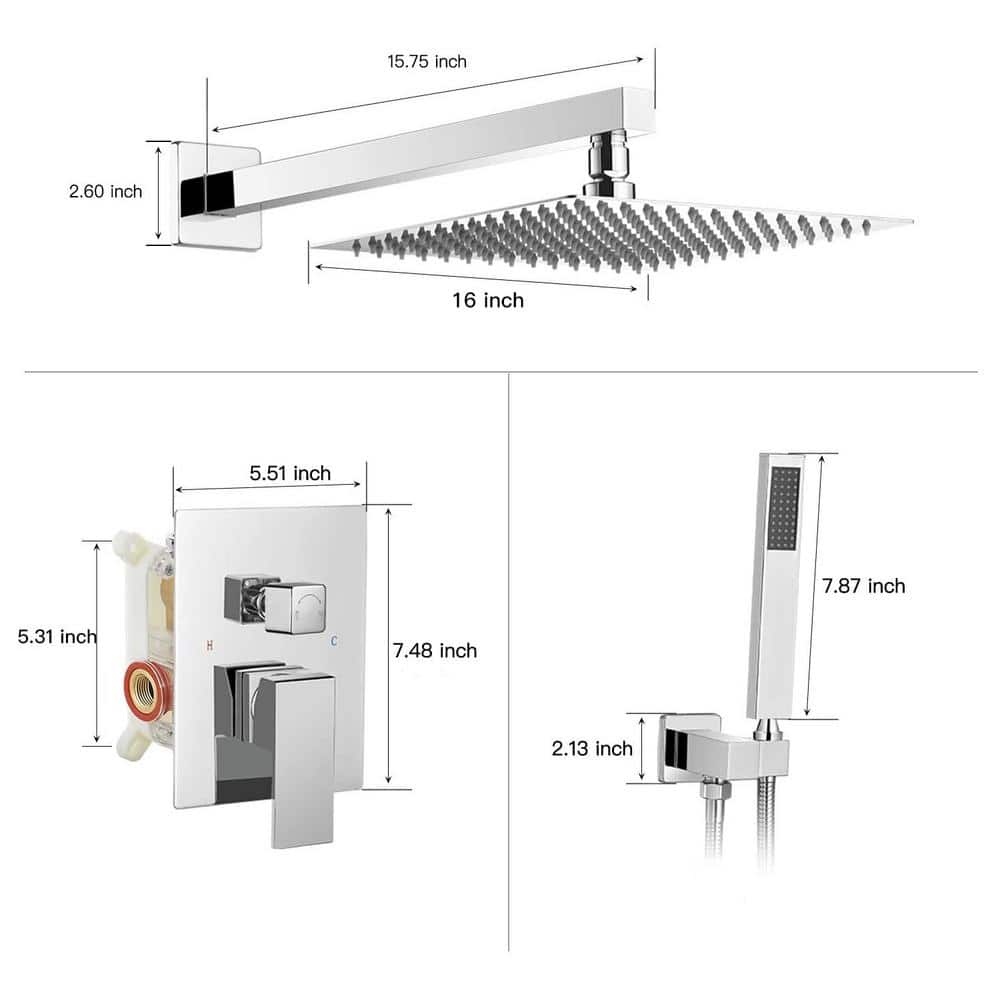 16-Inch Chrome Square Wall Mounted Rain Shower System