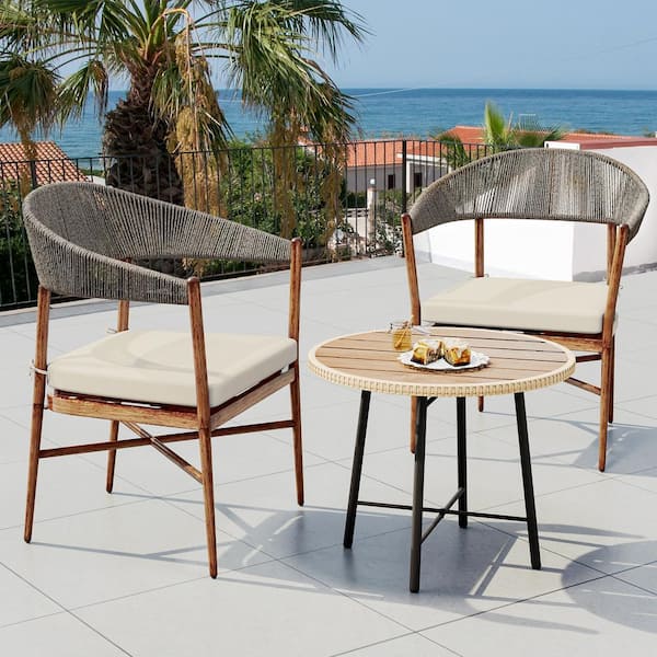 DEXTRUS Brown Rope Woven Design Outdoor Dining Chair with Beige Cushions(2-Pack)