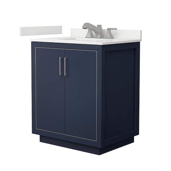 Wyndham Collection Icon 30 in. W x 22 in. D x 35 in. H Single Bath Vanity in Dark Blue with White Quartz Top
