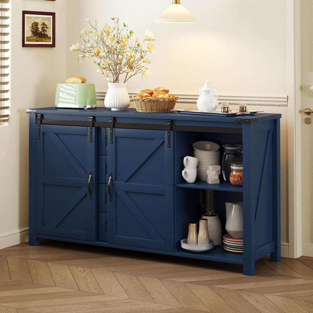 55 in. W Navy Blue Particle Board Buffet / Sideboard with Power Outlet, Sliding Barn Doors & 4 Drawers for Dining Room price history on PriceWatchPro