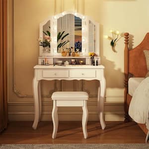 2-Piece White Makeup Vanity Set with Tri-Fold Mirror and LED Lights 4 Drawers Open Shelf