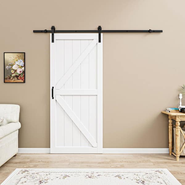36 in. x 84 in. Paneled White Primed MDF British K Shape MDF Sliding Barn Door with Hardware Kit (without Soft Close)