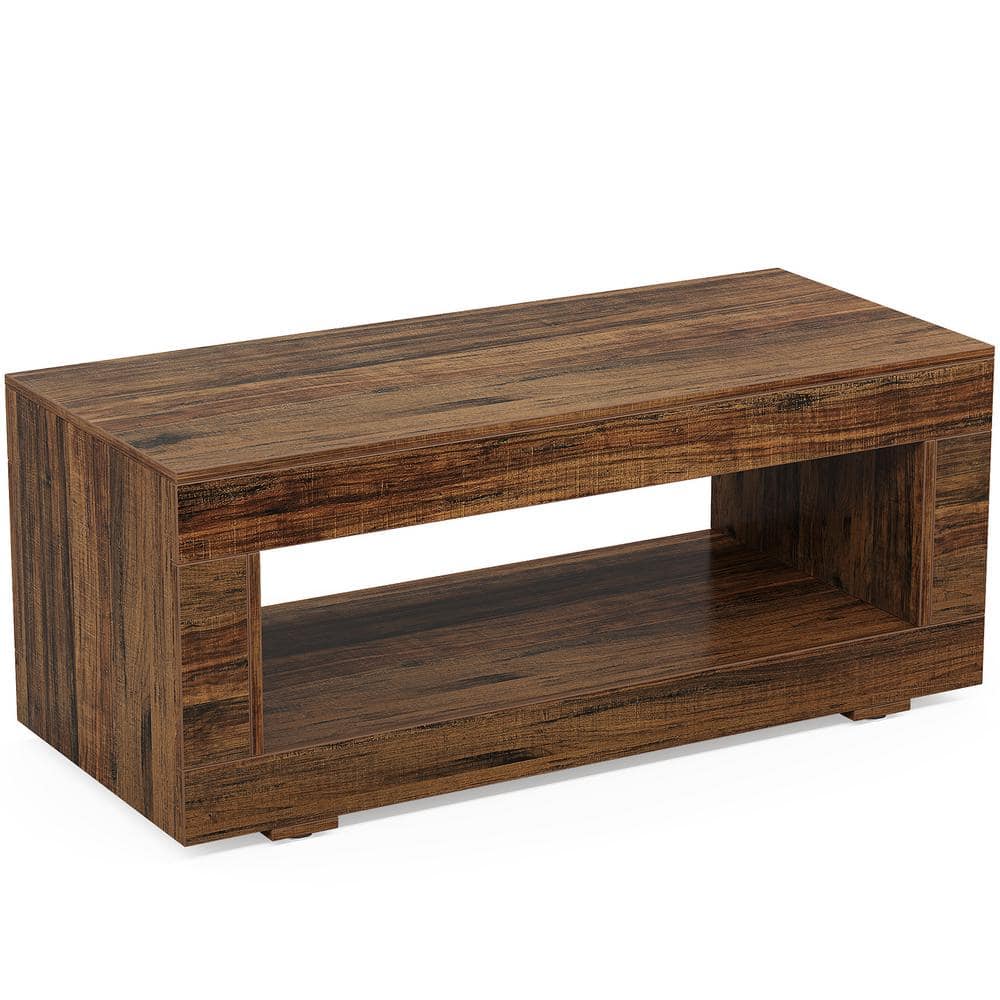Calvin 43.3 in. Brown Rectangle Wood 2-Tier Coffee Table Modern Farmhouse Unique Low Storage Cocktail Center Table
