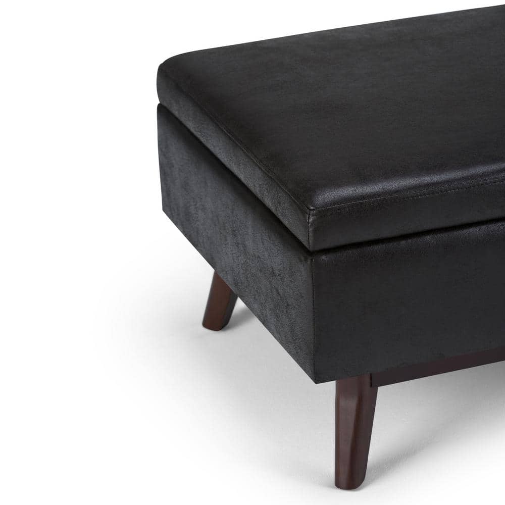 Mid-Century Modern Distressed Black Wood Rectangular Storage Ottoman