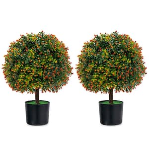 2- Piece 22 in. H Small Green Indoor Outdoor Decorative Artificial Boxwood Topiary Ball Tree Plant with Fruit in Pot