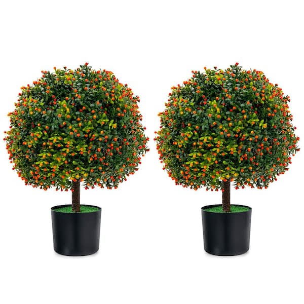 ANGELES HOME 2- Piece 22 in. H Small Green Indoor Outdoor Decorative Artificial Boxwood Topiary Ball Tree Plant with Fruit in Pot