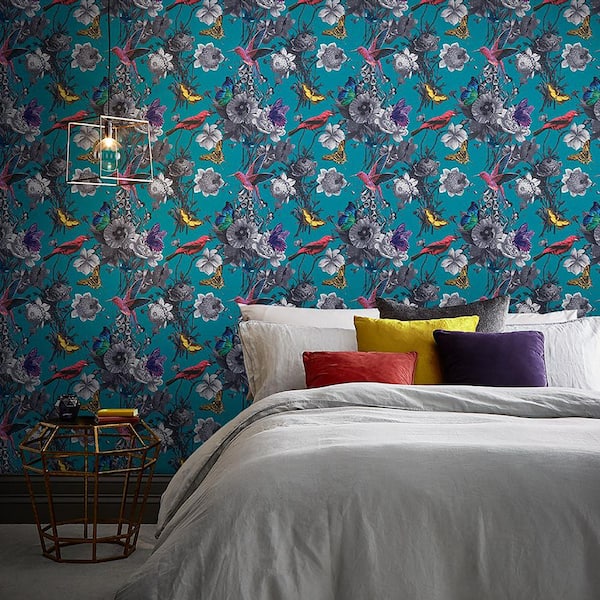 Jardin Teal Floral Birds Paste the Wall Wallpaper