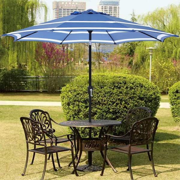 Maypex 9 Ft Steel Market Crank And Tilt Pattern Patio Umbrella In Blue White 300285 The Home Depot Tilt Pattern Patio Umbrella, How To Sew A Patio Umbrella Cover