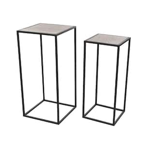 13 in. Black Large Square Wood End Accent Table with Brown Wood Tops (2- Pieces)