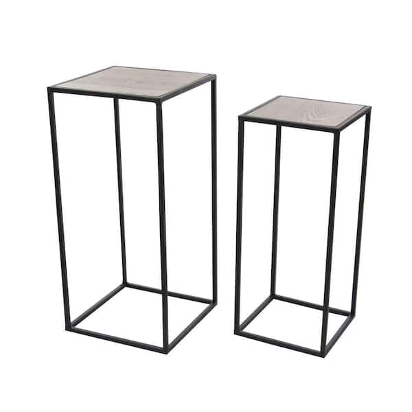 Litton Lane 13 in. Black Large Square Wood End Accent Table with Brown Wood Tops (2- Pieces)